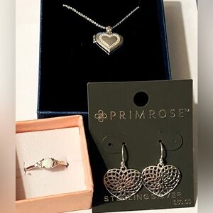 Silver Heart Locket & Earrings & Opal Ring